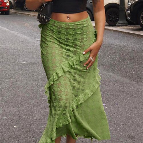 Tossy Lace Ruffled See-Through Maxi Skirt Women Slim Patchwo