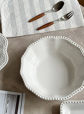 半颗橘子HO 浮雕白色珠边立体超大盘假日聚餐浓汤大碗长条鱼盘