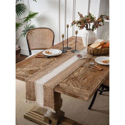 Table Runner Natural Cotton Burlap Striped Splicing