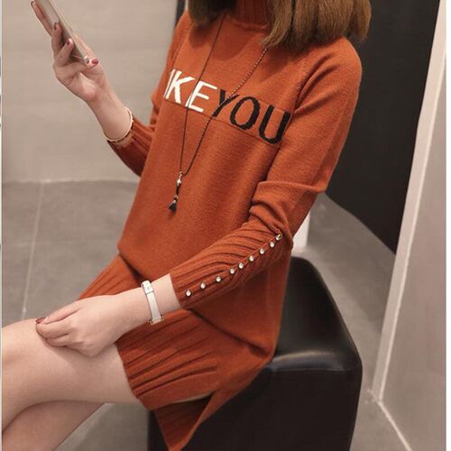 Autumn Winter Long Knit Sweater Pullover Women Half Turtlene