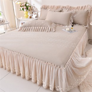 夏季 花边冰丝席床罩可机水洗空调软席 提花冰豆豆凉席三件床裙款