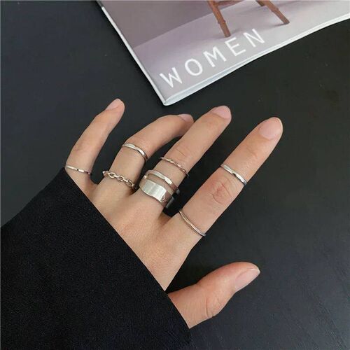 10Pcs Punk Simple Rings Set Silver Color Geometric Hollw Wid