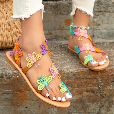 Summer New Flat Sandals Colorful Butterfly Decorated Beach S