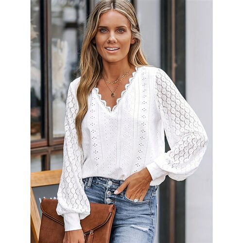 2025 Hot Sale V-neck Lace Stitching Lantern Sleeve Shirt Wom