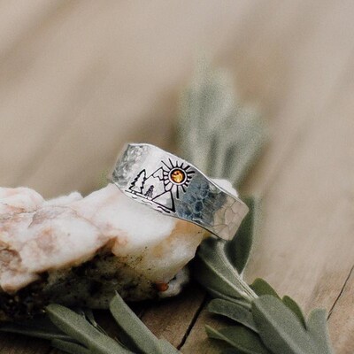 Vintage Ring Forest Mountain Sunset Nature Landscape Carved
