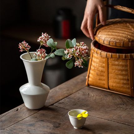 功夫道宋风影青瓷花瓶白瓷干花花插台面水培纯色复古餐桌陶瓷花器