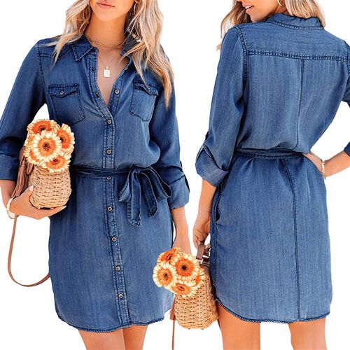 Fashion Women Casual Denim Dress Solid Color Long Sleeve