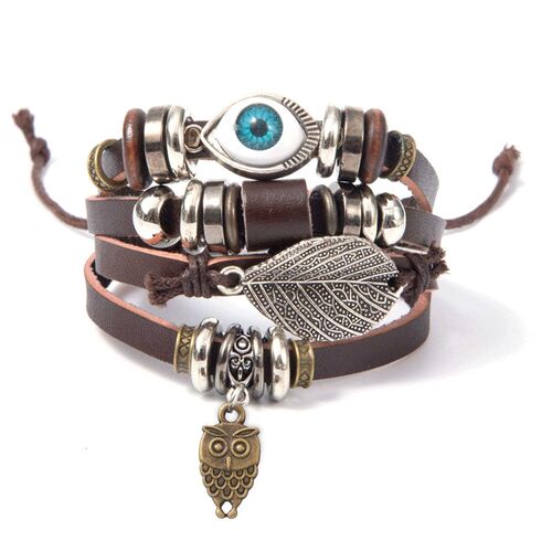 Turquoise Mens Woven Leather Beaded Brlet Multi-layer Penda