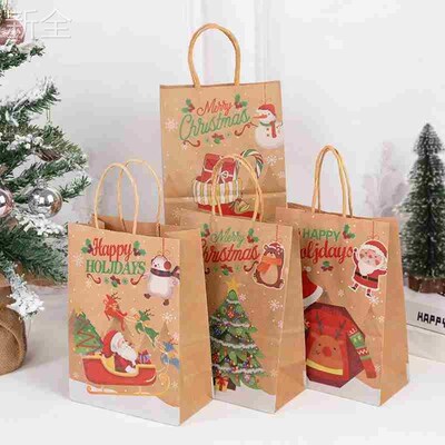 12pcs Christmas Gift Bag with Handles Kraft Paper Bags Santa