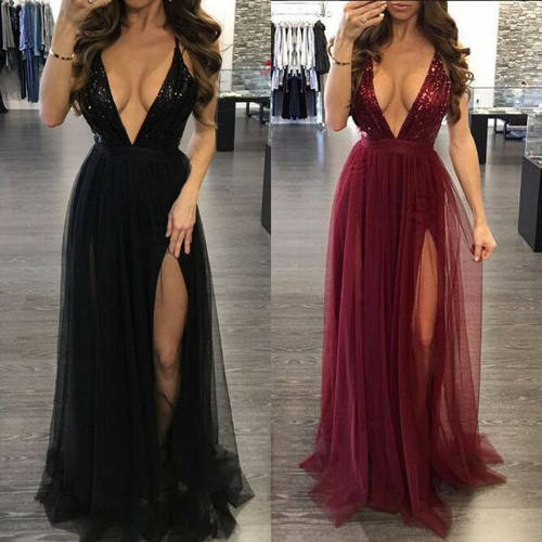 Womens Deep V Neck Sleeveless Elegant Formal Prom Long