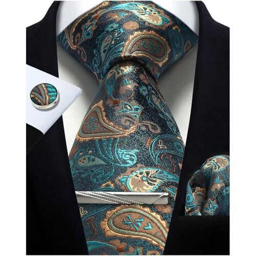 Mens Tie Set Silk Silver Paisley Floral Necktie and Pocket S