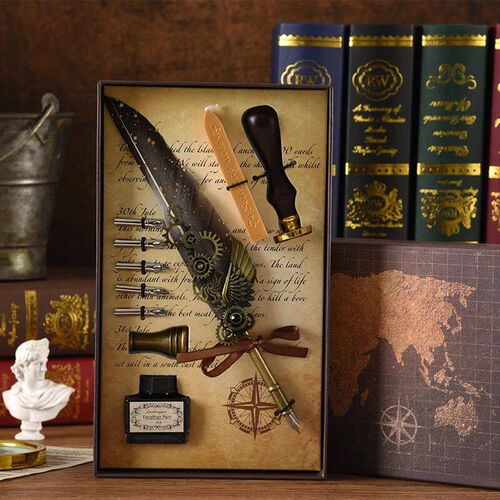 Retro Feather Fountain Pen Vintage Calligraphy Writing Ink P