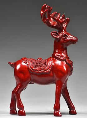 红色木雕梅花鹿摆件家居客厅实木麋鹿一对工艺品桌面摆设酒柜装饰