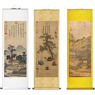 宋徽宗听琴图挂画仿古山水客厅沙发书房装饰画仇英竖版卷轴式国画