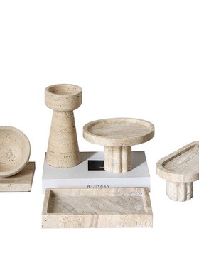 侘寂风大理石托盘复古黄洞石高脚果盘装饰盘民宿样板间软装摆件