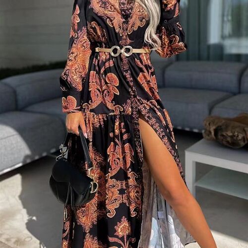 Elegant V Neck Office Long Shirt Dress Spring Fashion Print