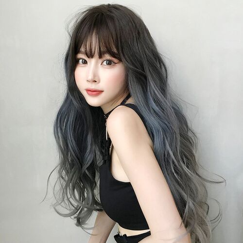 Long Wavy Gradient BlueGray Wig for Women Full Head Wig Fash