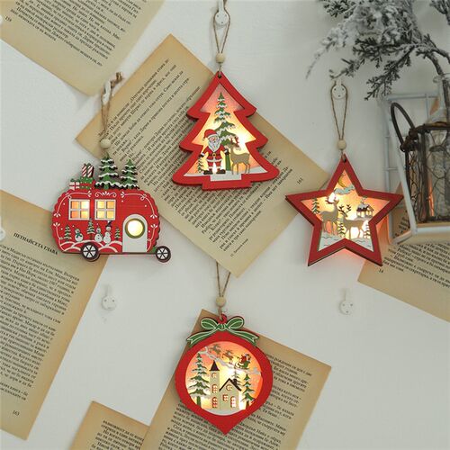 LED Light Christmas Tree Star Car Wooden Pendants Ornaments