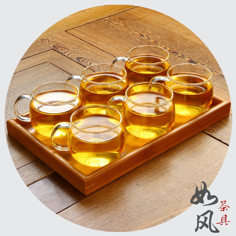 耐热玻璃茶杯带把水杯子加厚大号品茗杯家用整套花茶杯竹托盘套装