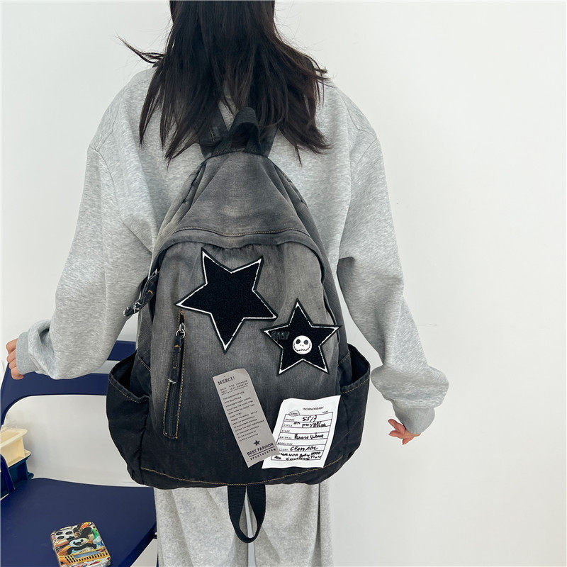 新款渐变牛仔星星双肩包初高中大学生古着感书包百搭旅行背包