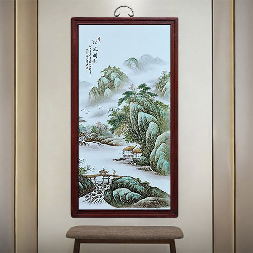 手绘瓷板画实木复古怀旧风景壁画中式客厅装饰画瓷画壁挂单幅版画