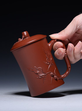 小号紫砂杯带盖水杯口杯带把杯主人杯纯手工朱泥刻花杯子宜兴茶杯