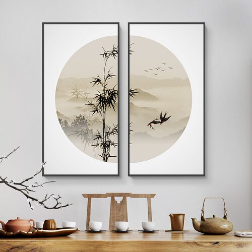 茶室背景墙装饰画高档大气山水画客厅壁画水墨风景墙壁沙发挂画新