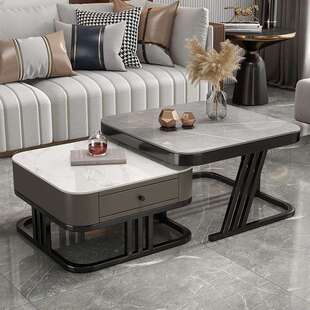 意式轻奢茶几亮光岩板客厅家用小户型大小方形组合现代伸缩茶几桌