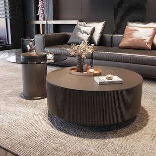 圆形岩板茶几组合黑色现代客厅家用小户型简约款意式轻奢高级