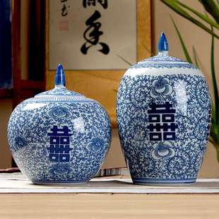 喜字中式陶瓷花瓶青花瓷宝瓶新中式玄关陶瓷花瓶陶瓷摆件中式陶瓷