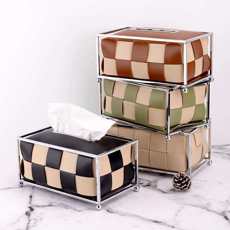 棋盘格皮革纸巾盒客厅高档轻奢餐桌撞色不锈钢编织铁艺家用抽纸盒,3C数码配件,其它配件,淘宝优惠券,粉丝福利购,淘宝优惠卷