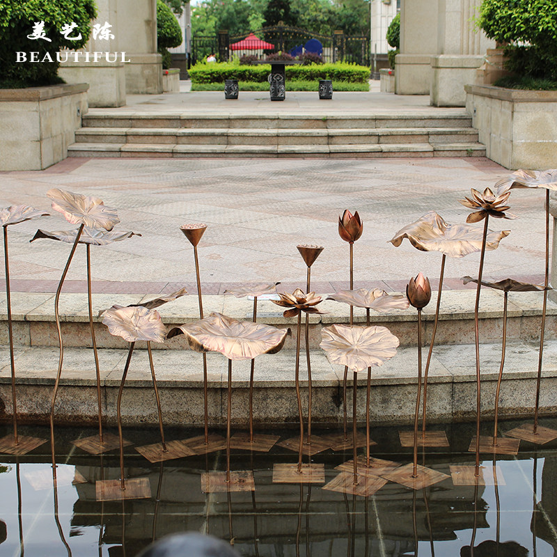 高档不锈荷叶古铜色摆件酒店会所大厅水池景观金属荷花落地软装饰