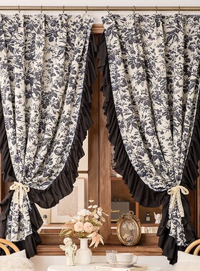 法式复古浪漫荷叶边窗帘遮光卧室客厅黑色洛可可美式布帘半帘