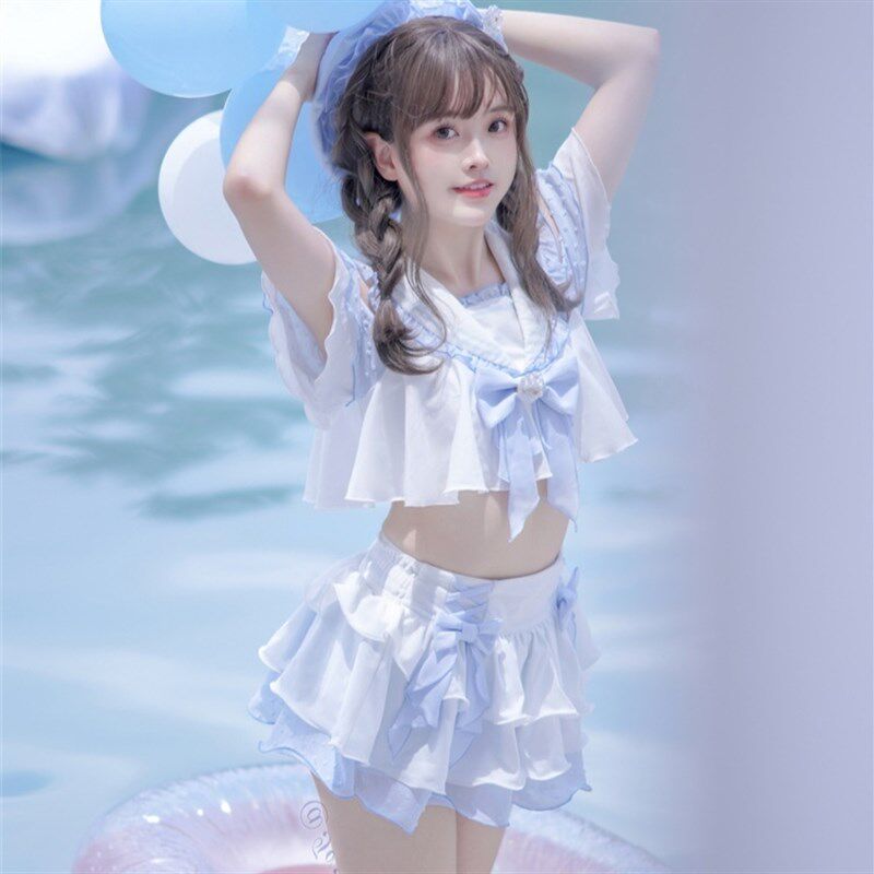 Dawn可爱分体泳衣海月少女荷叶边纯欲海军风保守学生泳衣软萌