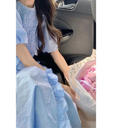 Blue Bubble Sleeves Ruffled Patchwork Dress for Women Summer