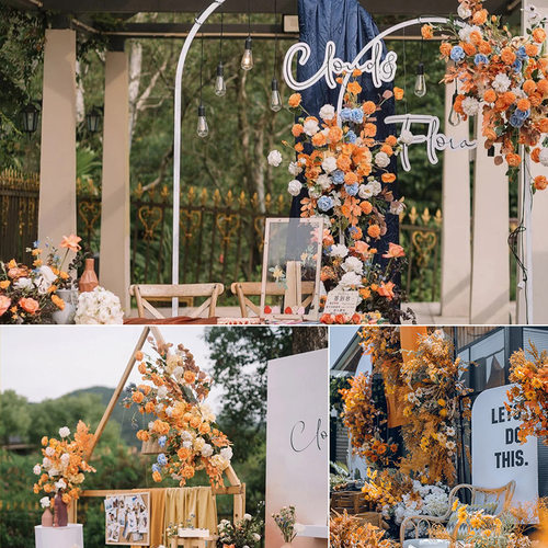 婚庆橘色系花材吊顶花仿真花装饰路引桔色花艺假花婚礼布置造景花