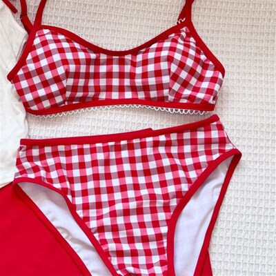 Beach Holiday Bikini Hot Girl Swimwear Red Checkered Separat