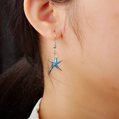 Cute Starfish Blue Imitation Fire Opal Drop Dangle Hook Earr