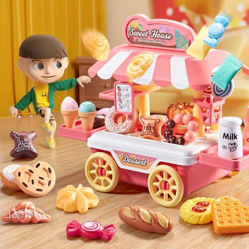 Children simulate night market stall every toy girl dessert