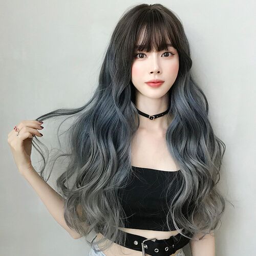 Long Wavy Gradient BlueGray Wig for Women Full Head Wig Fash