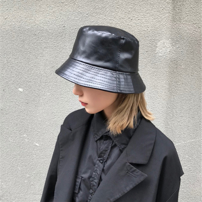 Winter Autumn Solid Black Soft PU Leather Bucket Cap Retro L