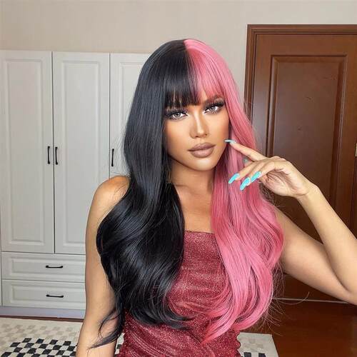 Pink and Black Long Wavy Synthetic Hair Wigs with Bangs Cosp