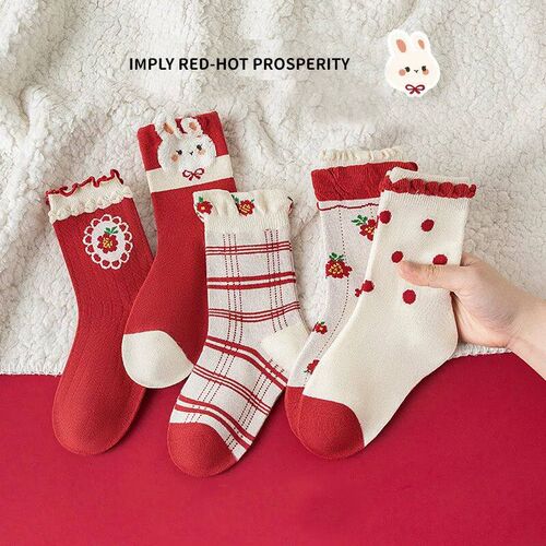 5 Pairs Red Cotton Rabbit Patterned Mid-Calf Socks for Girls