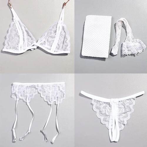 4Pcs Set Women Lace Net Stockings & Garters & G-string And B