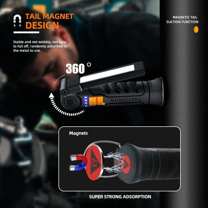 Portable COB LED Flashlight USB Rechargeable Work Light Magn - 实物图