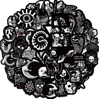 50PCS Black White Gothic Stickers,Goth Skull Stickers,Dark S