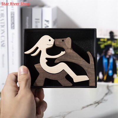 Handmade Wood Dog Decor Sculptures Craft Creative Figurine O