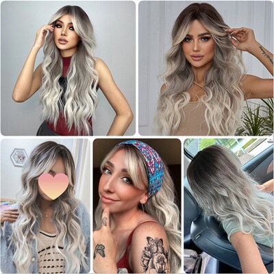 Long Grey Blonde Synthetic Wig for Women Ombre Blonde Wavy W