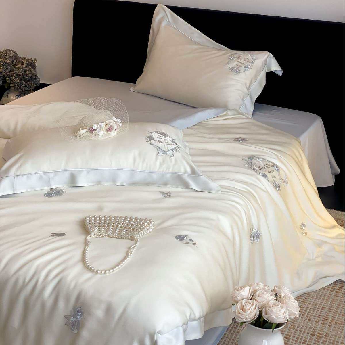 A类小清新夏季兰精天丝四件套浪漫花卉刺绣丝滑凉爽被套1.8m床品