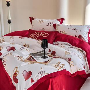 100s全棉结婚四件套纯棉高端上档次大红色床单被套喜被床上用品